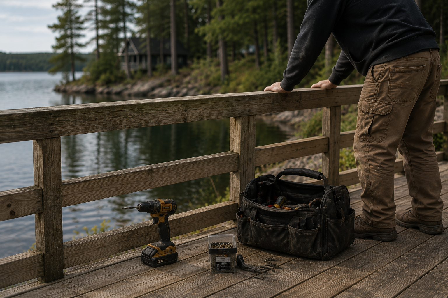 Repair tools on a cottage deck overlooking a lake