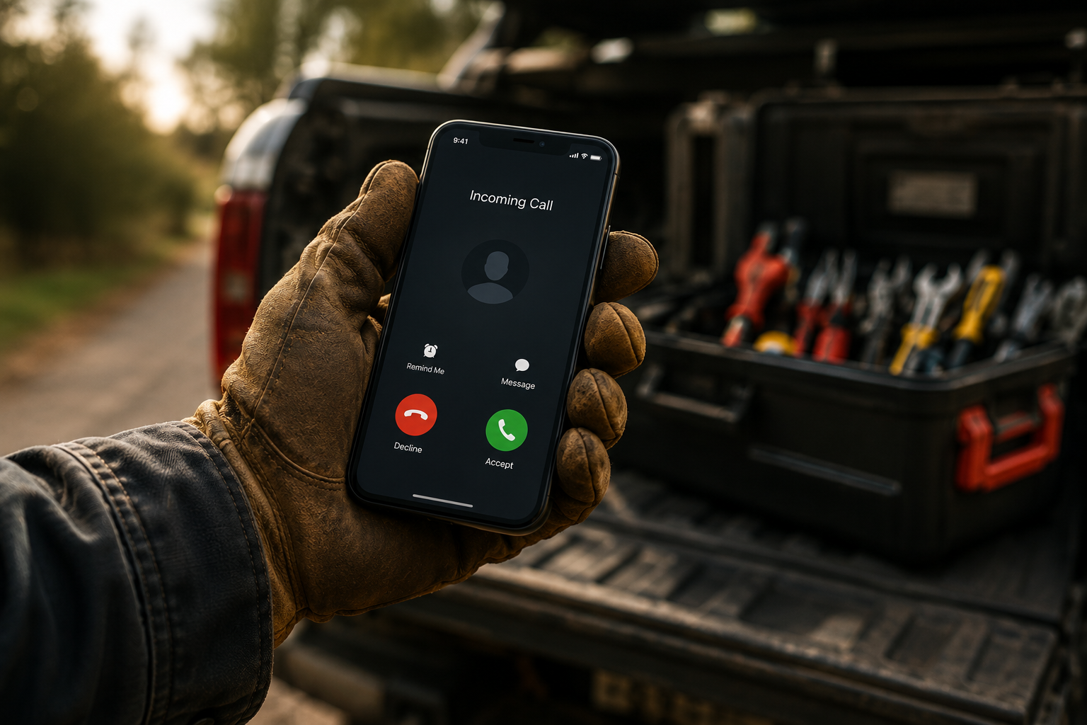 Gloved hand holding a phone during an urgent cottage repair call