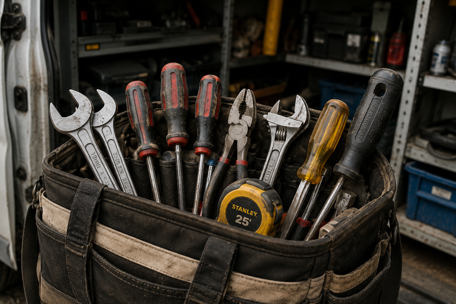 Tool bag filled with hand tools for maintenance work
